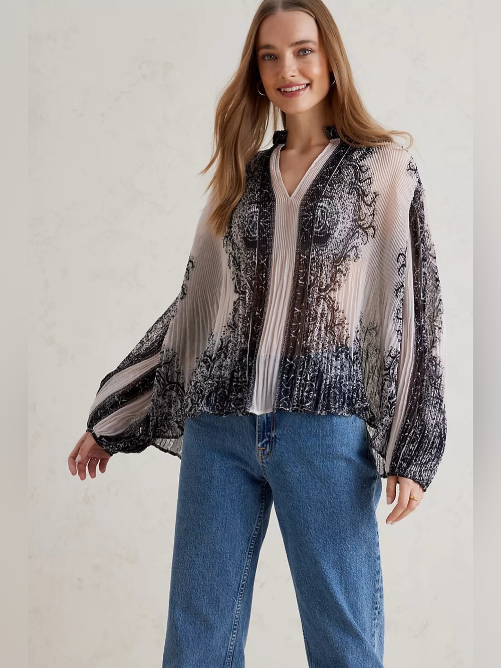 Anthropologie Forever That Girl Women's Sheer Pleated Blouse Black Motif Size XS